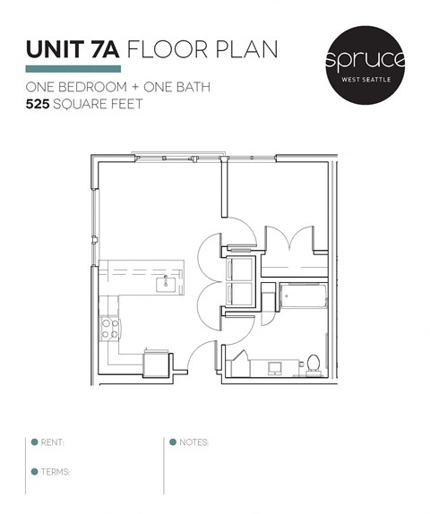 Floor plan for 1 bed, 1 bath, 525 sqft